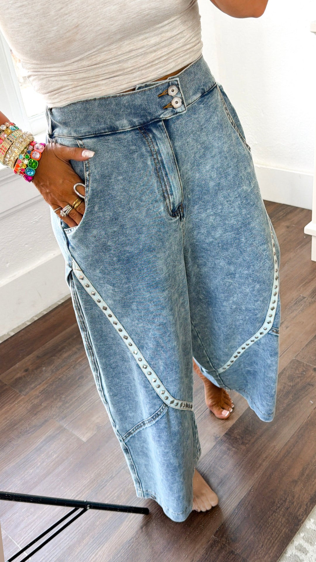 Relaxed Studded Barrel Jeans, Denim