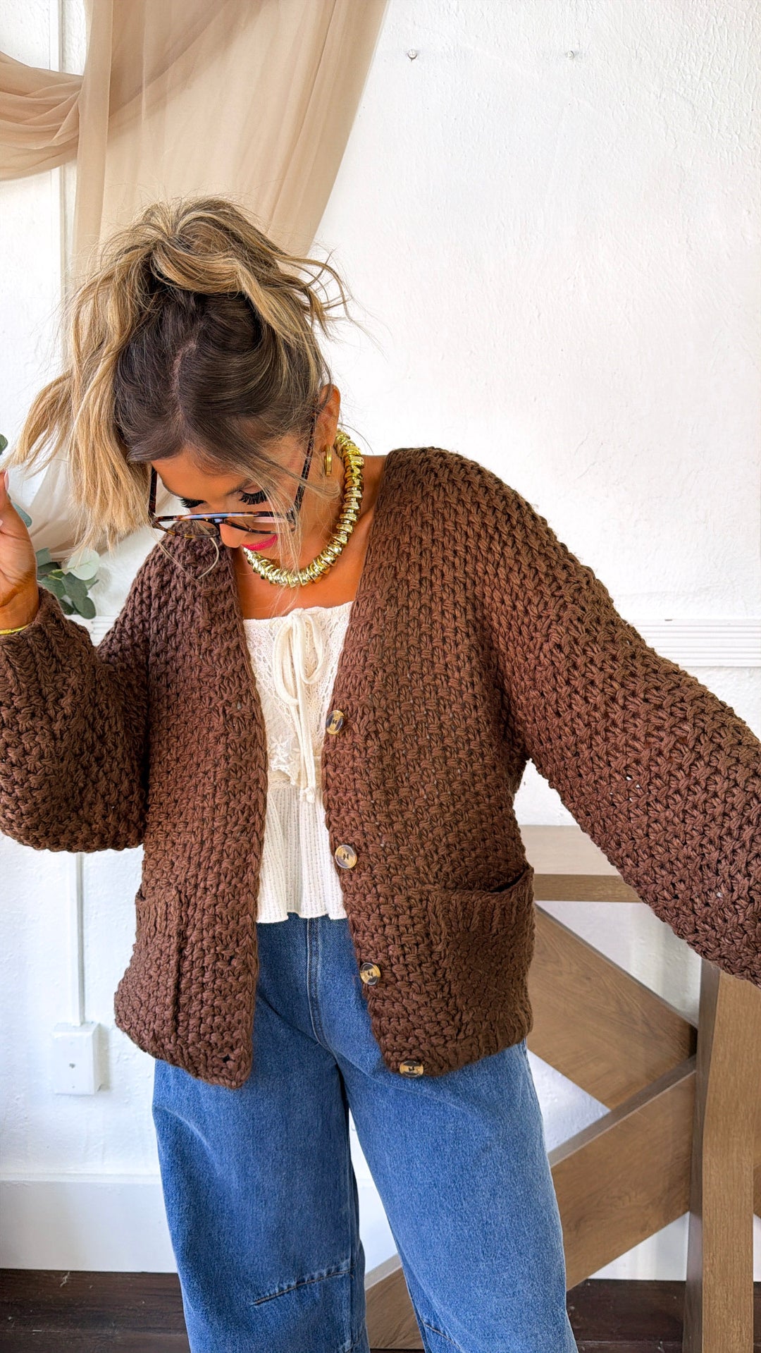 Slouchy Knit Button Cardigan, Mocha