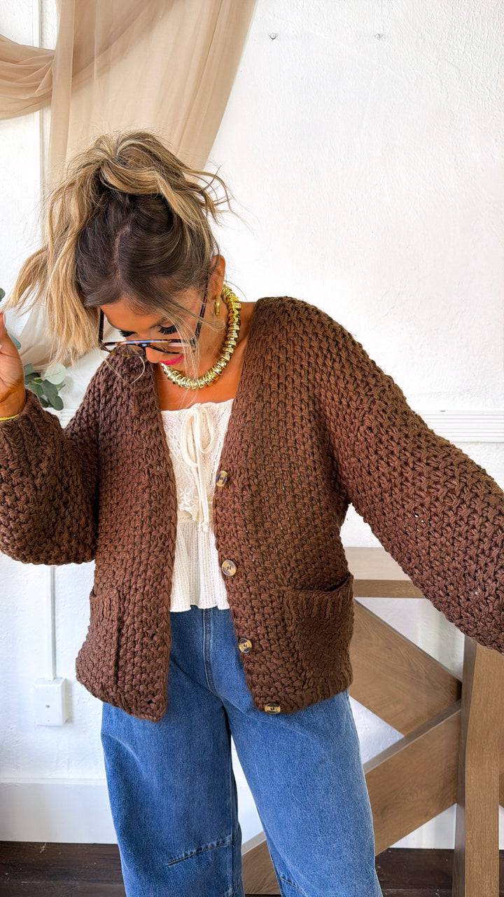 Slouchy Knit Button Cardigan, Mocha