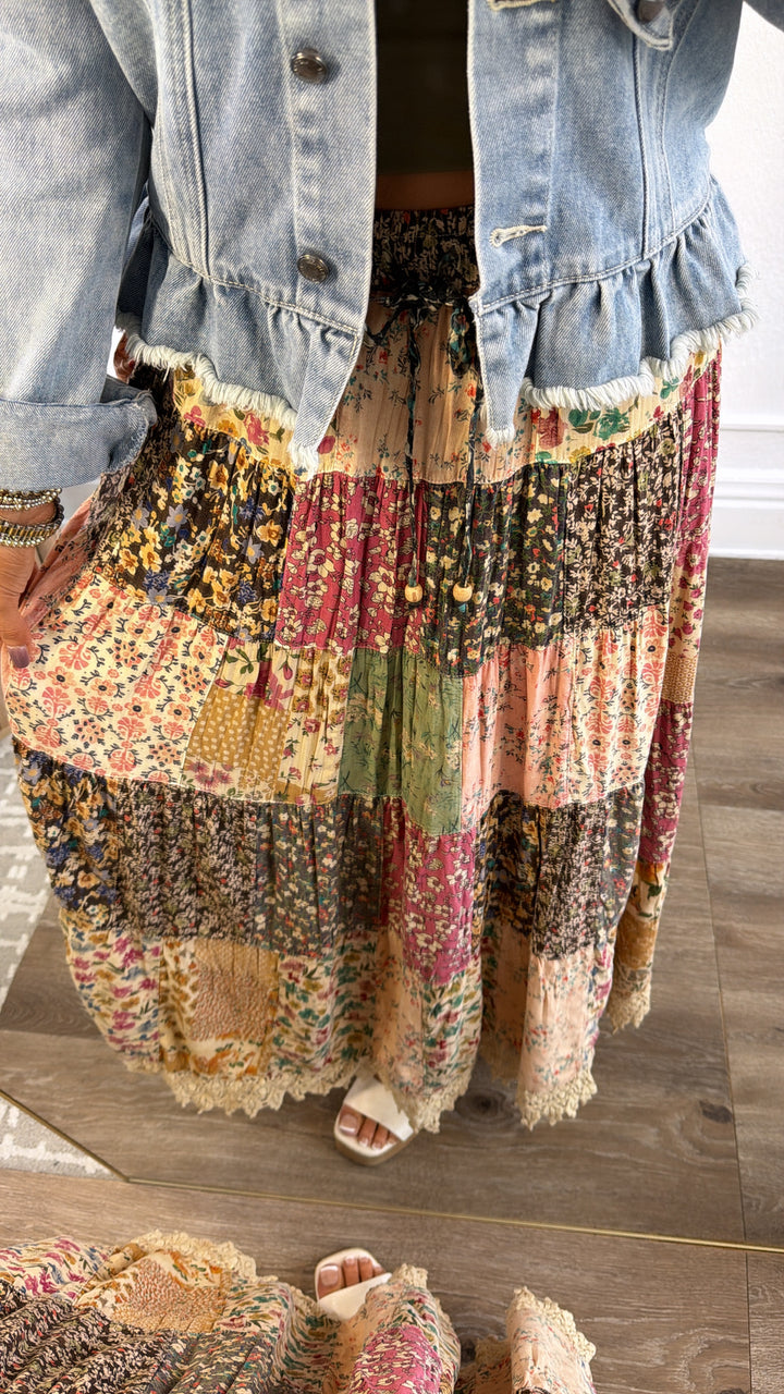 Cloverline Printed Tiered Midi Skirt, Latte