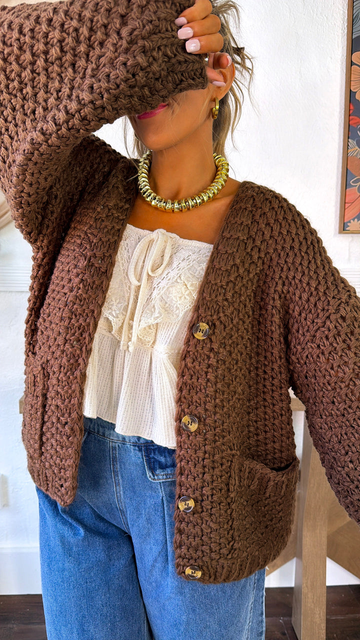 Slouchy Knit Button Cardigan, Mocha
