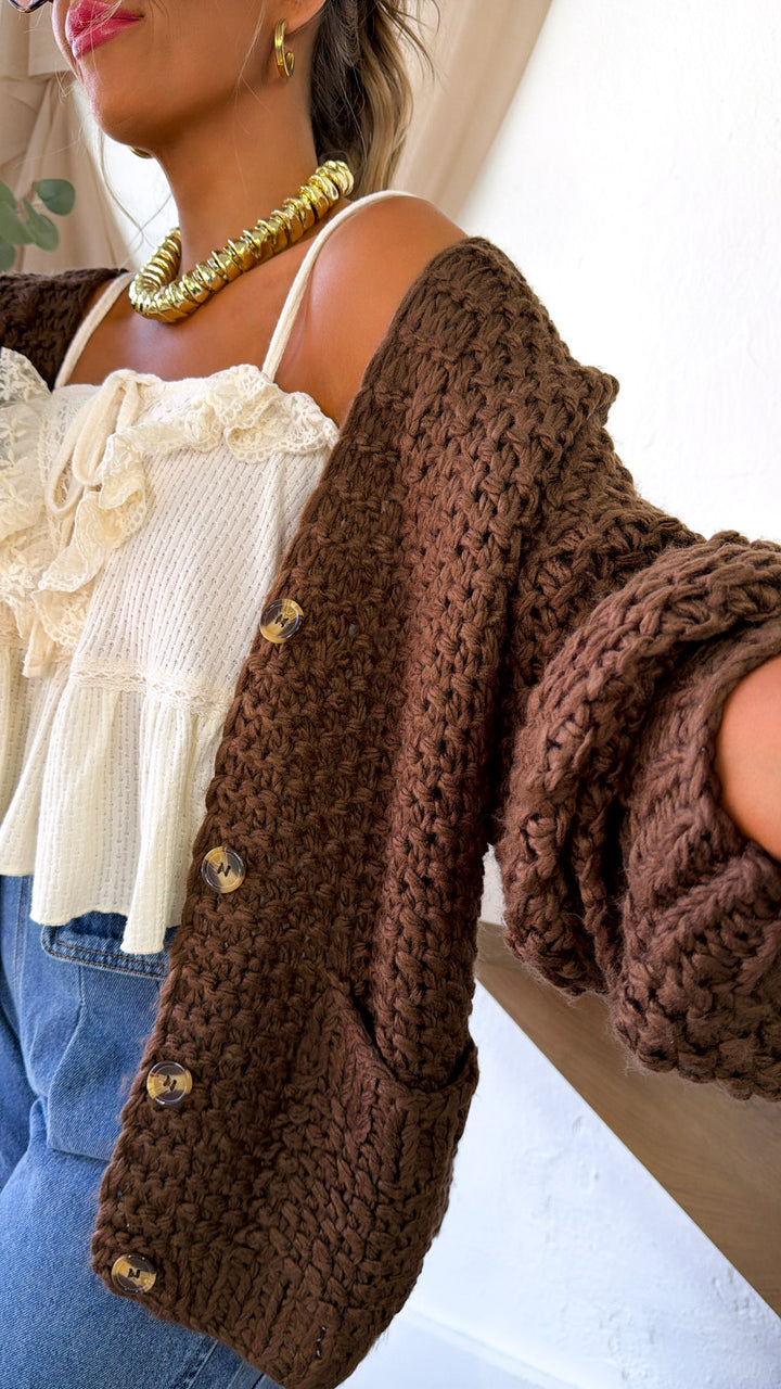 Slouchy Knit Button Cardigan, Mocha