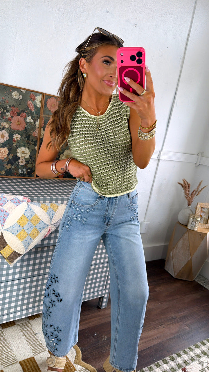 Honey Crush Crochet Sweater Tank, Sage Lemon