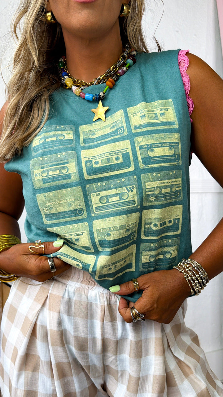 Throwback Cassette Tape Muscle Tee, Vintage Green