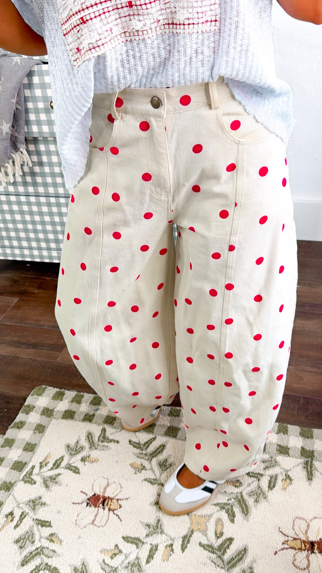 Polka Dot Princess Barrel Pant, Cream/ Red