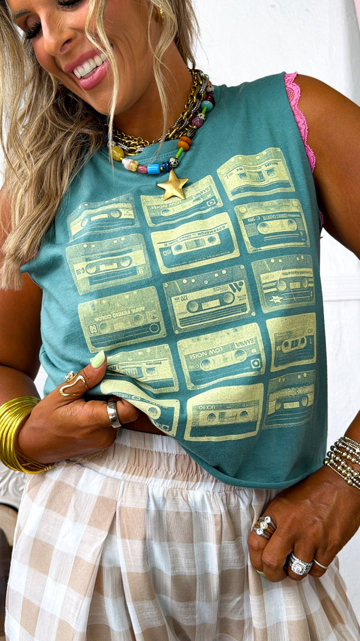 Throwback Cassette Tape Muscle Tee, Vintage Green