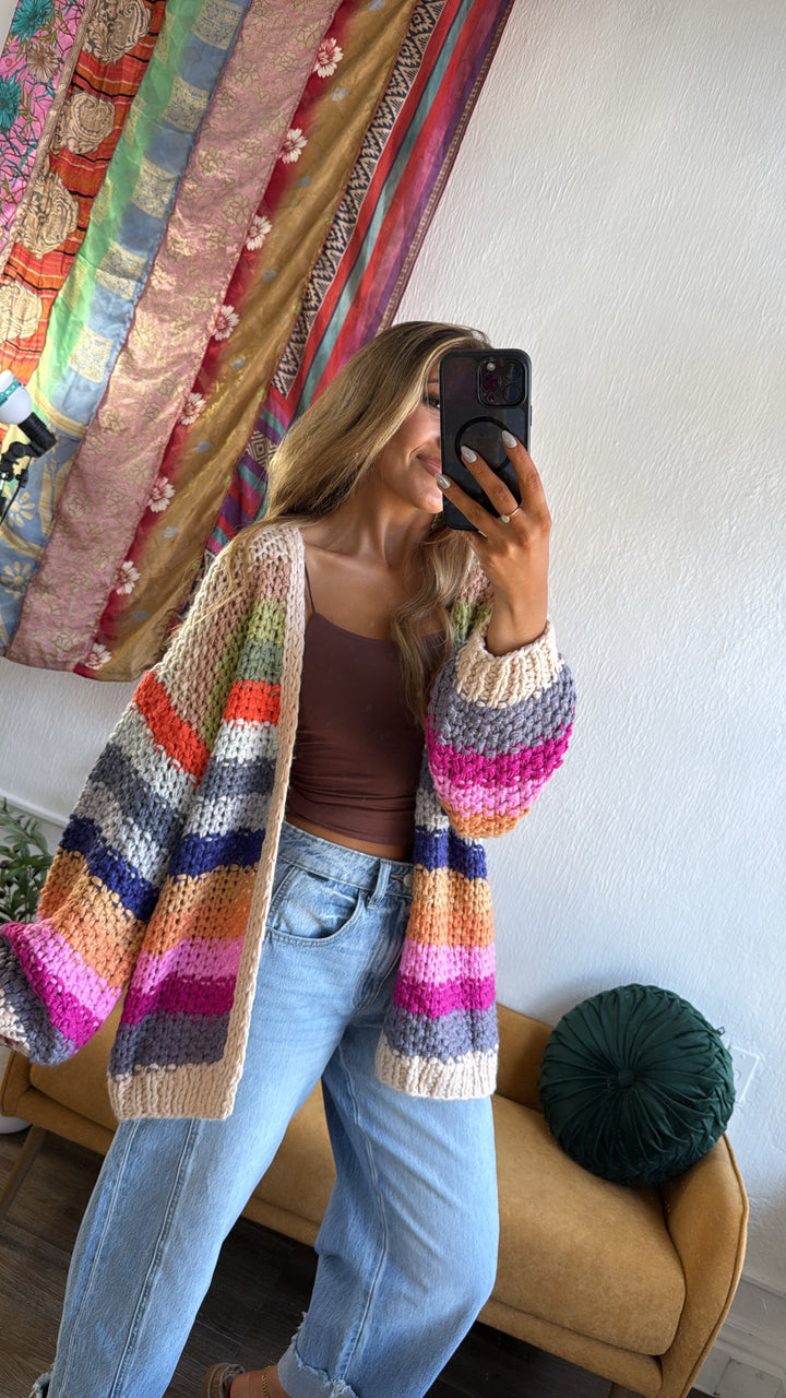 Hand Crochet Oversized Cardigan, Cream Multi