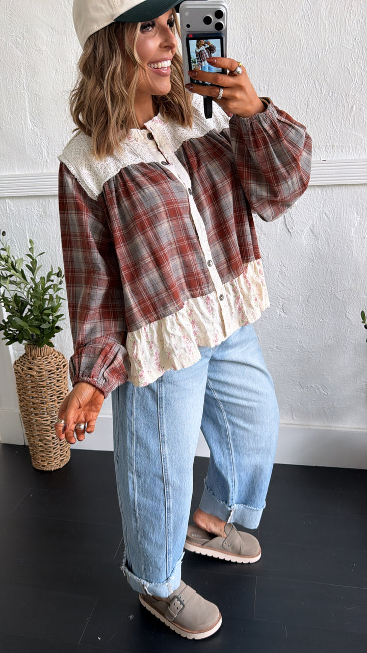 Juliette Button Top, Brick Multi