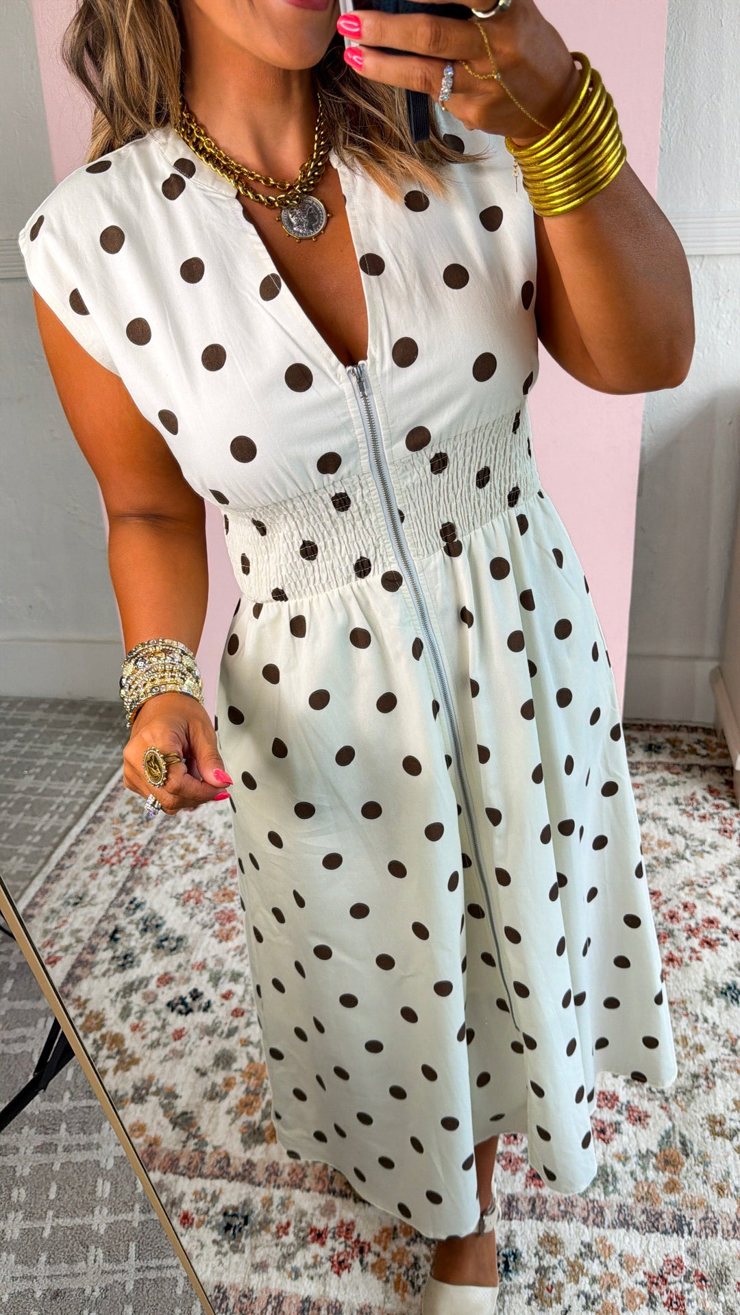Girly Polka Dot Midi Dress, Cream