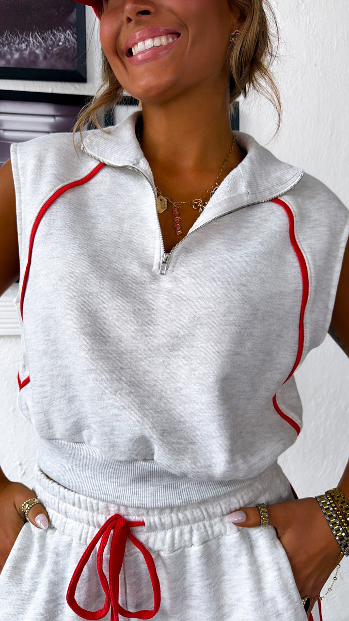 Retro Track Half Zip Top, Ash Grey/Red