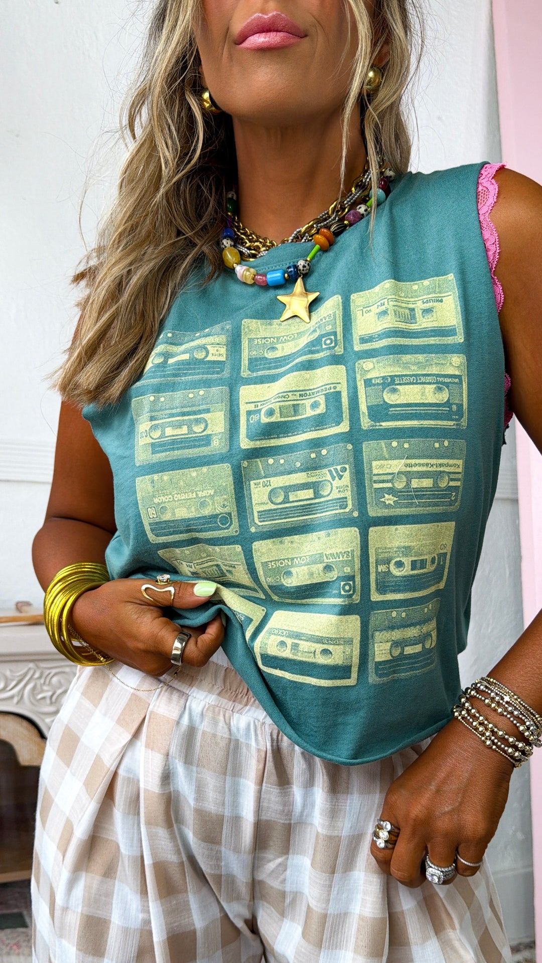 Throwback Cassette Tape Muscle Tee, Vintage Green