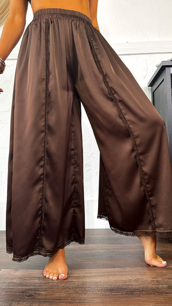 Satin Lace Trim Flowy Pants, Chocolate Brown