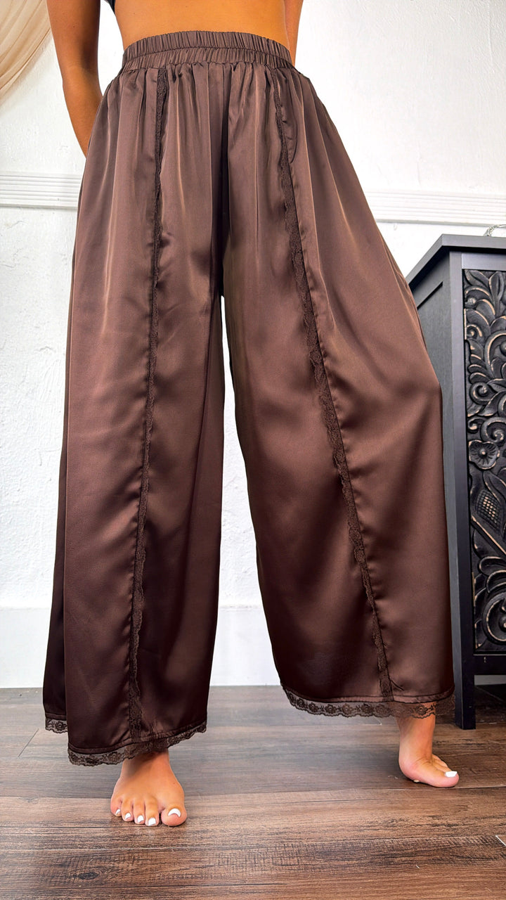 Satin Lace Trim Flowy Pants, Chocolate Brown