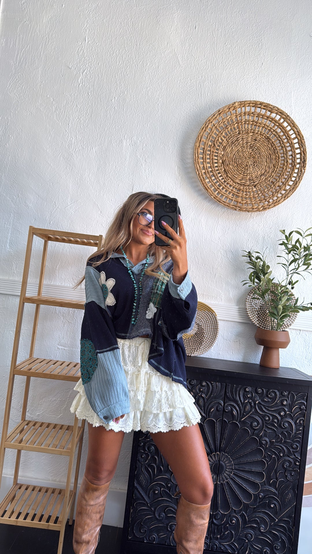 Sweet Impression Patchwork Long Sleeve Top, Indigo