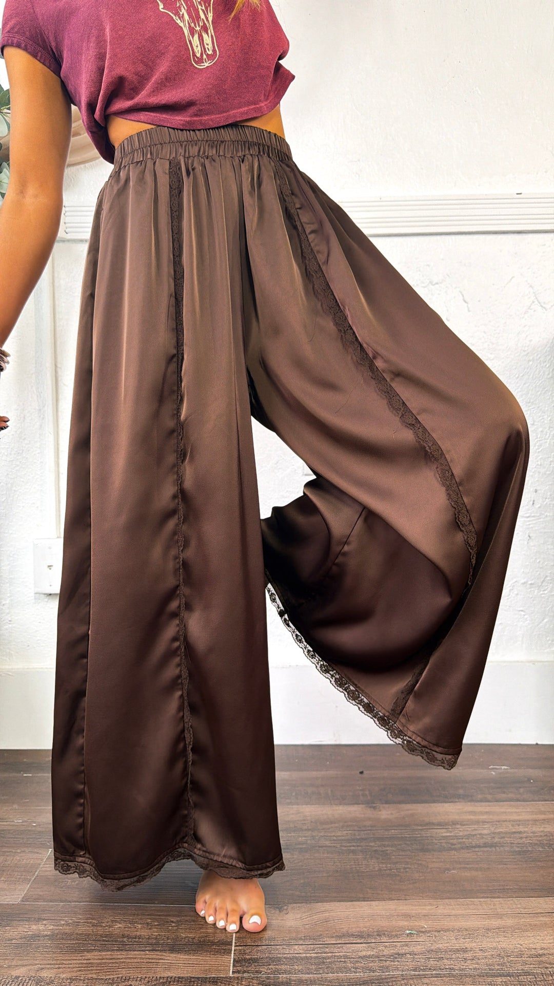 Satin Lace Trim Flowy Pants, Chocolate Brown