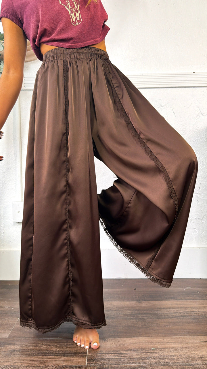 Satin Lace Trim Flowy Pants, Chocolate Brown