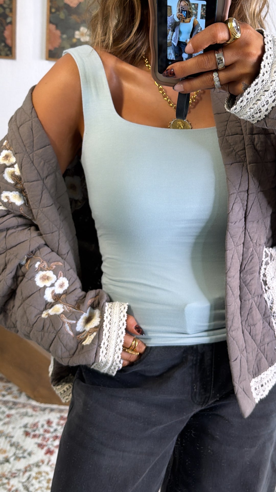 Double Layered Reg Length Tank, Dusty Sage