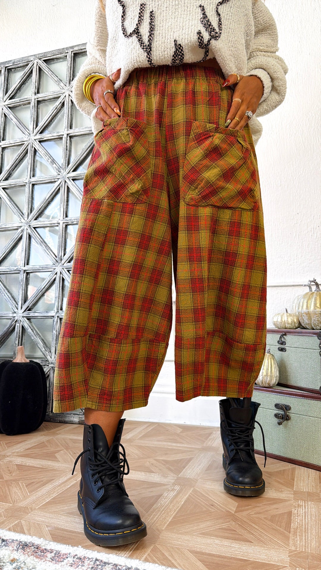 Plaid Print Wide Leg Jogger, Olive/Dijon Checker