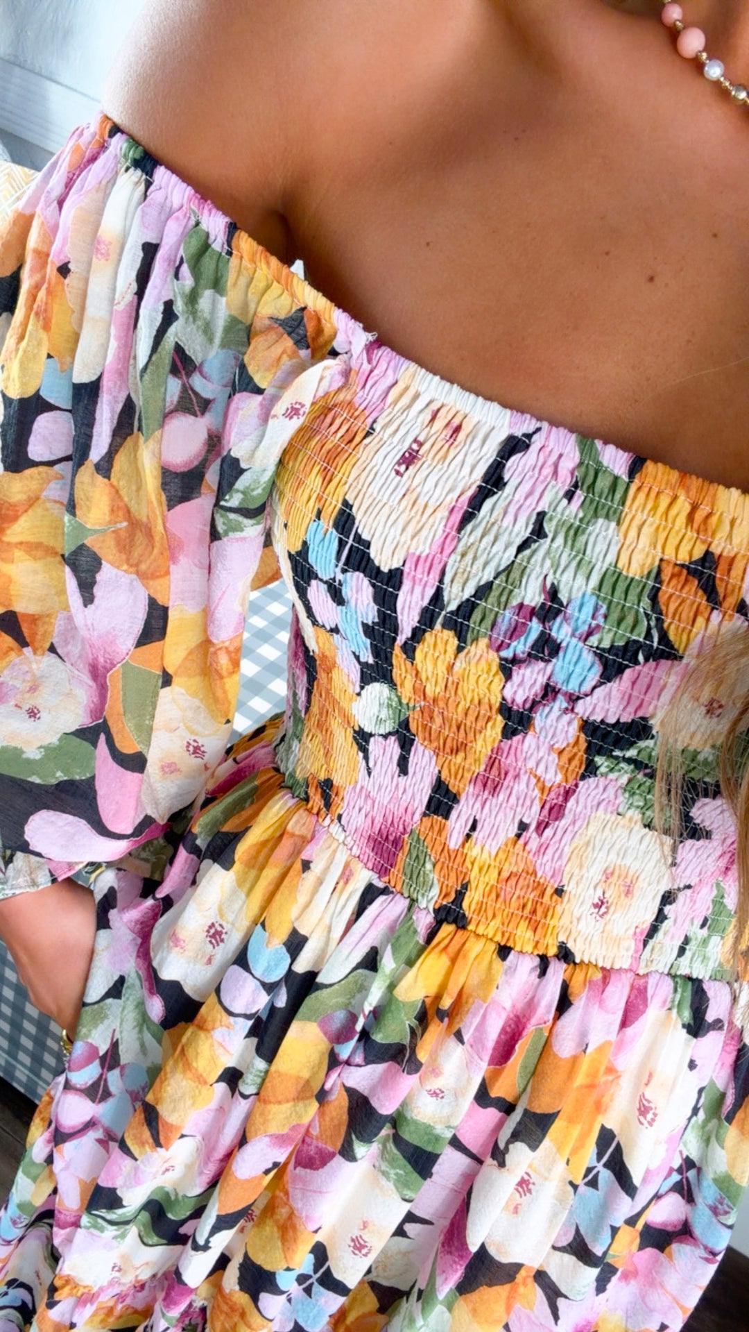 Havana Bloom Smocked Dress, Black Multi