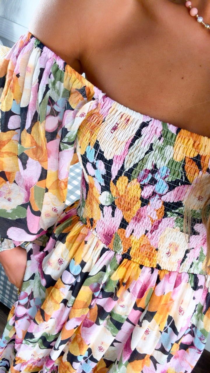 Havana Bloom Smocked Dress, Black Multi