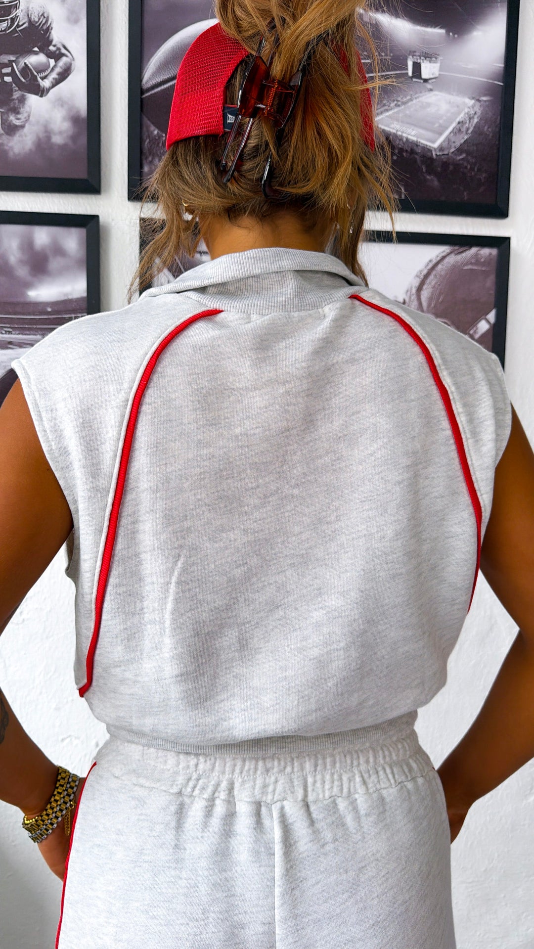 Retro Track Half Zip Top, Ash Grey/Red