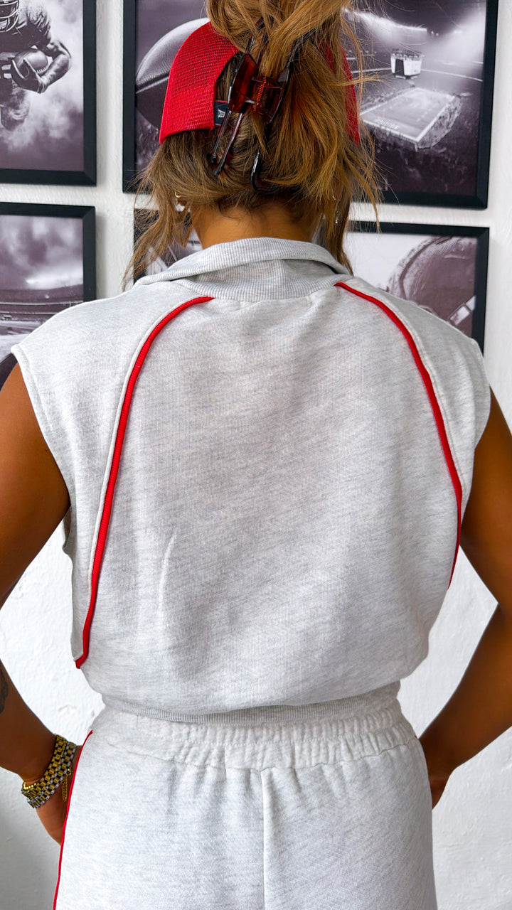 Retro Track Half Zip Top, Ash Grey/Red