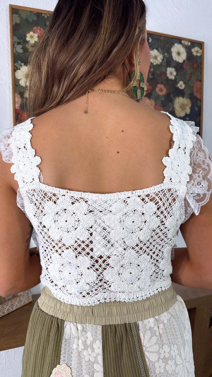 Falling For You Crochet Lace Bow Detail Top, Off White