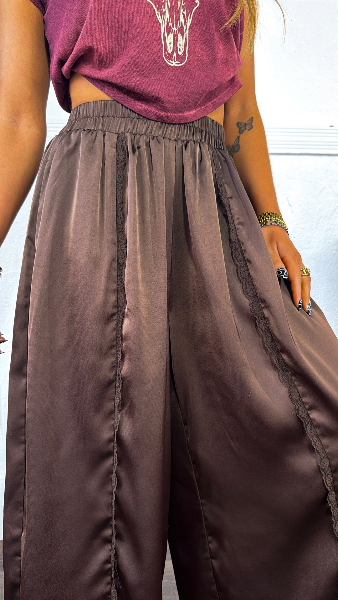 Satin Lace Trim Flowy Pants, Chocolate Brown
