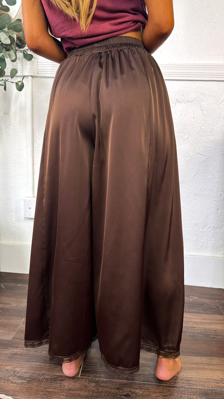 Satin Lace Trim Flowy Pants, Chocolate Brown