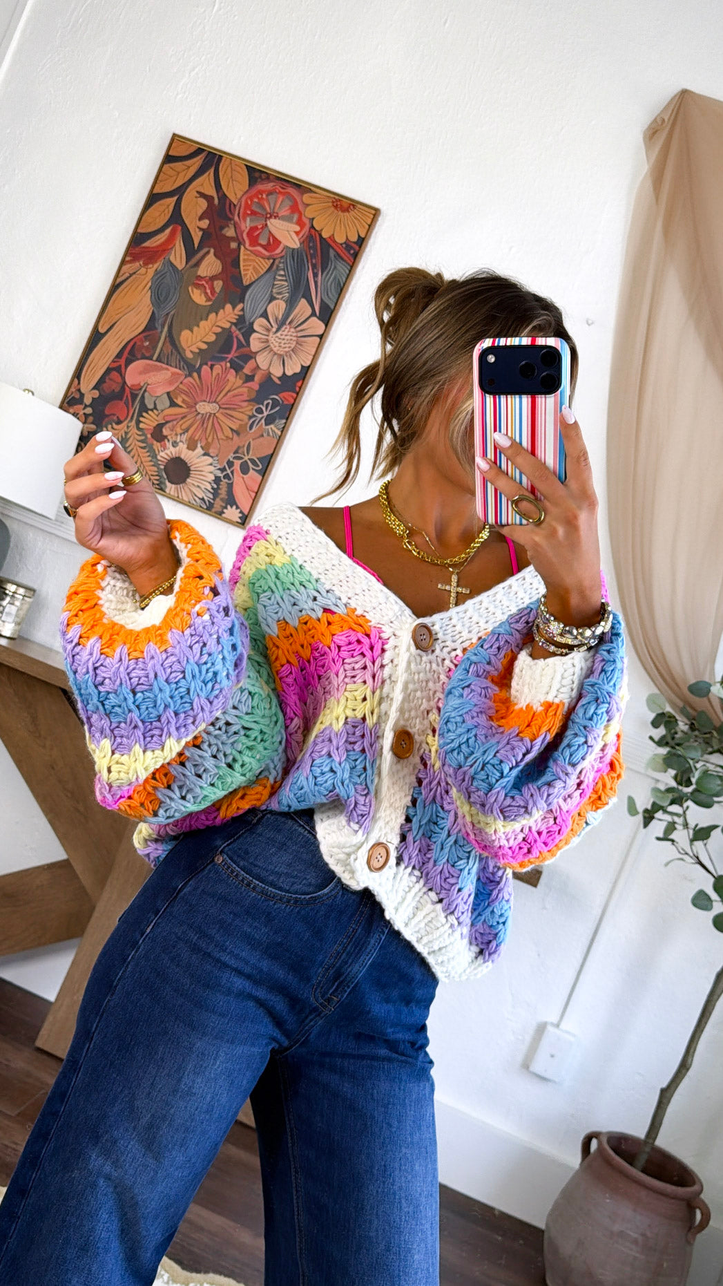 Bright Toned Knit Cardigan, Rainbow