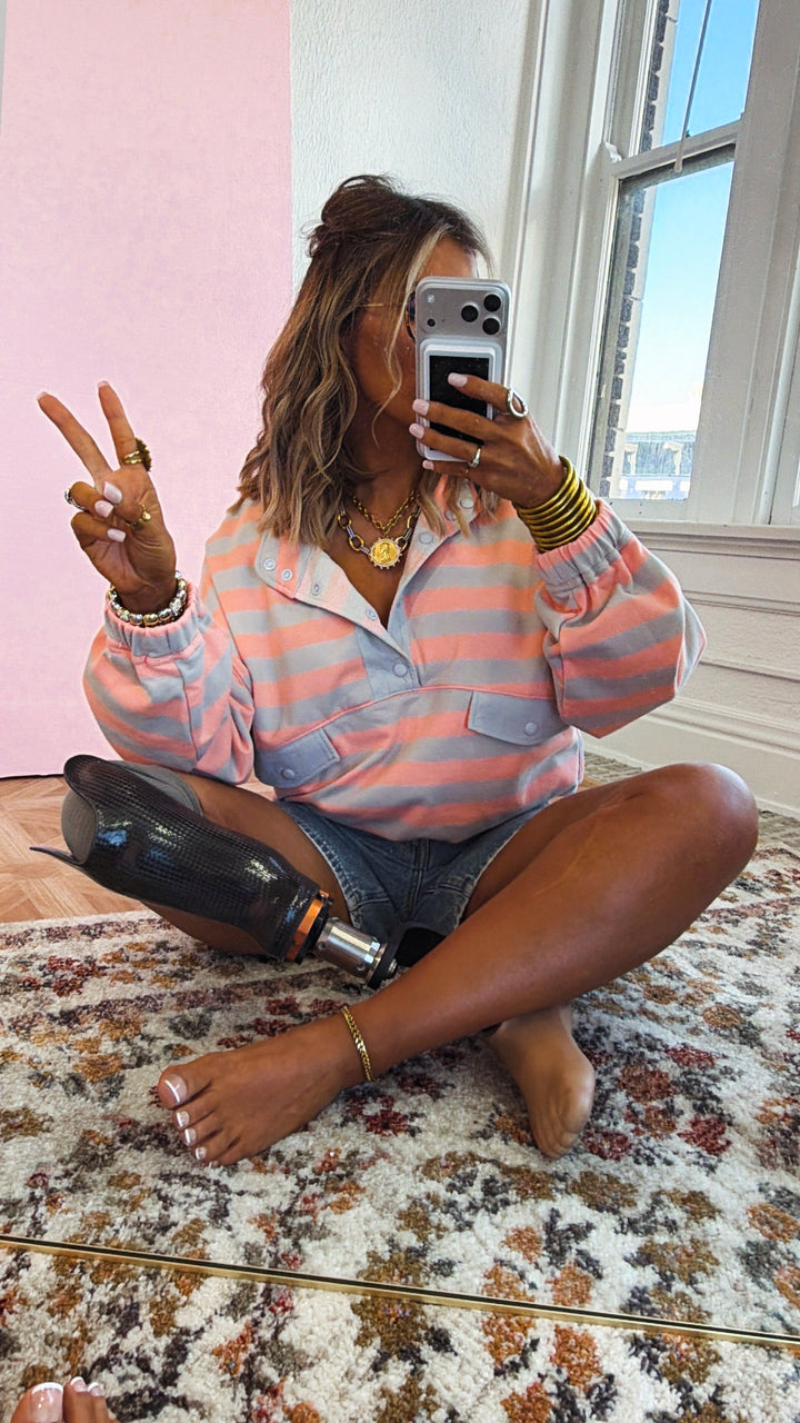 Petal Pop Striped Top, Grey/Salmon