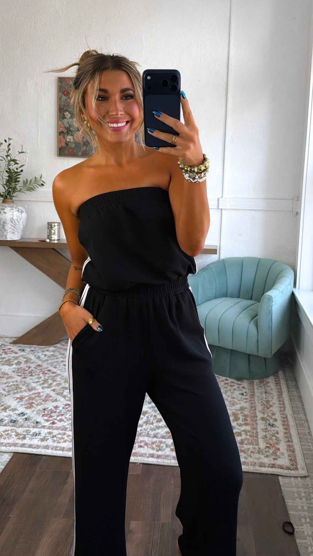 Strapless Athletic Jumpsuit, Black