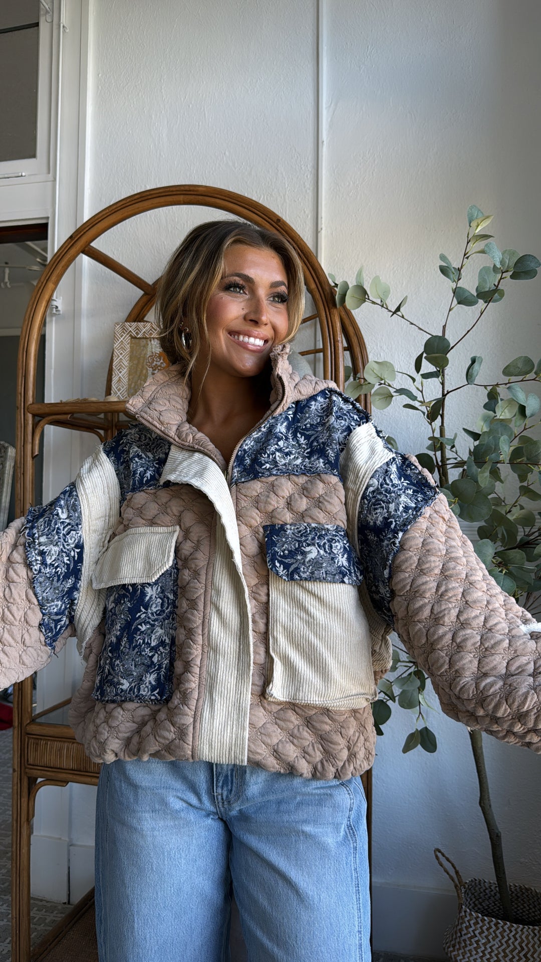 Now Trending Oversized Contrast Quilted Jacket, Tan/Denim Blue