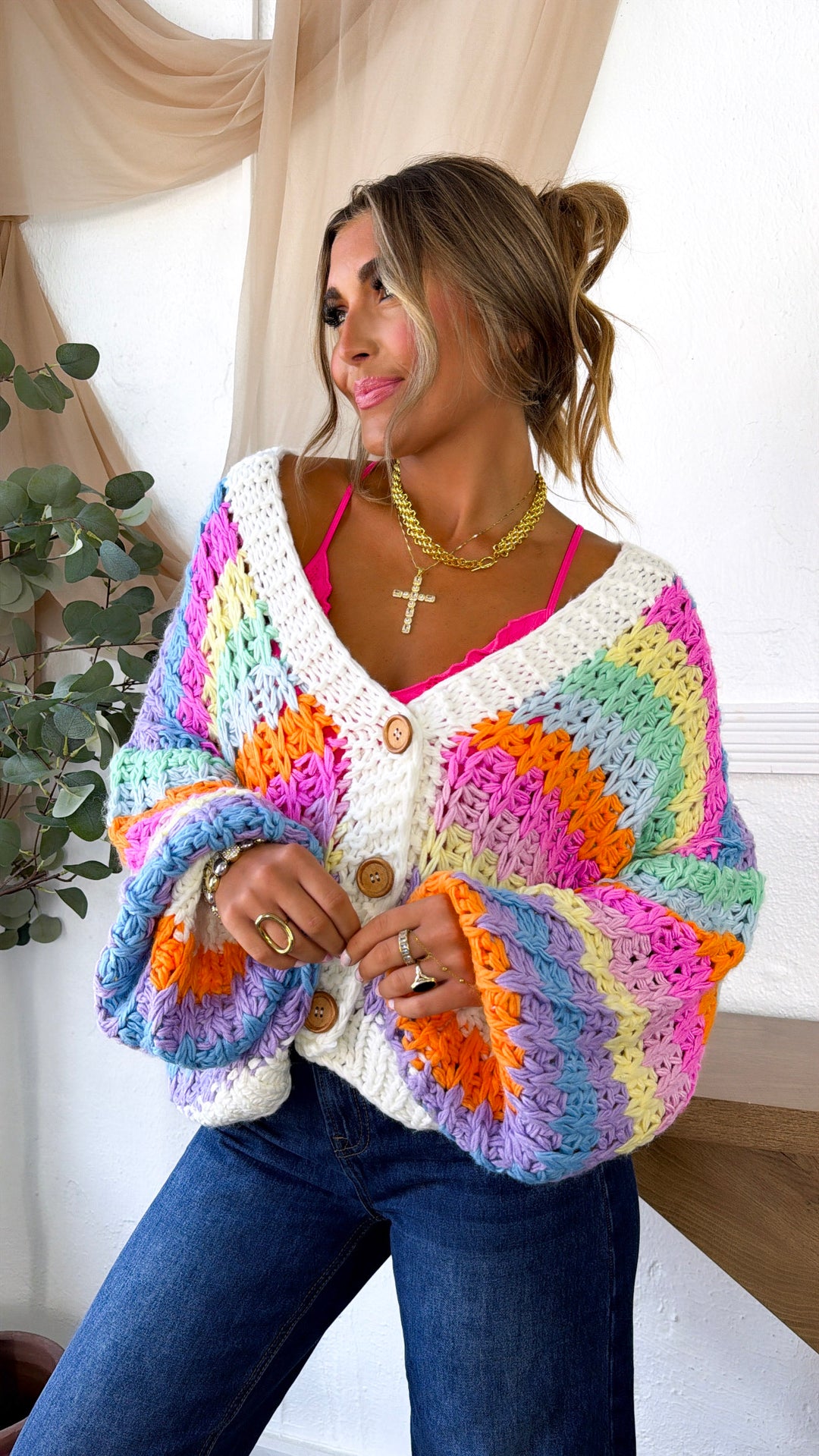Bright Toned Knit Cardigan, Rainbow