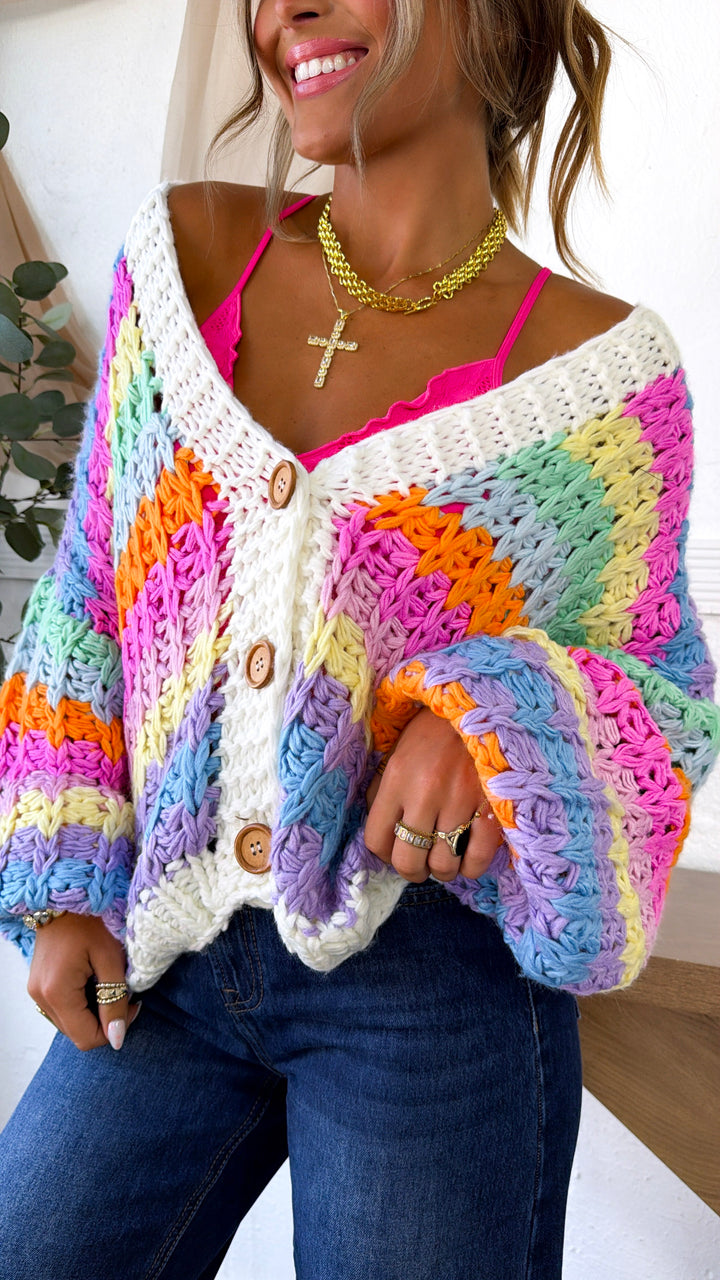 Bright Toned Knit Cardigan, Rainbow