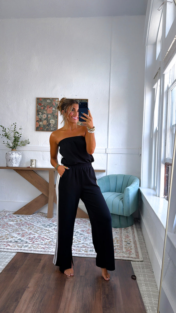 Strapless Athletic Jumpsuit, Black