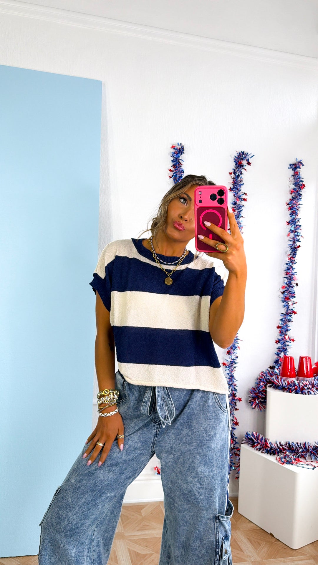Fresh Serve Open Back Top, Navy/Cream