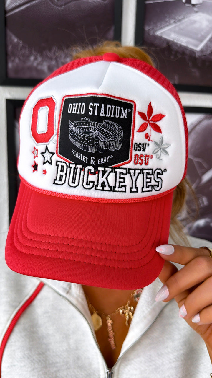 Layered Patch Buckeyes Hat, True Red/ White