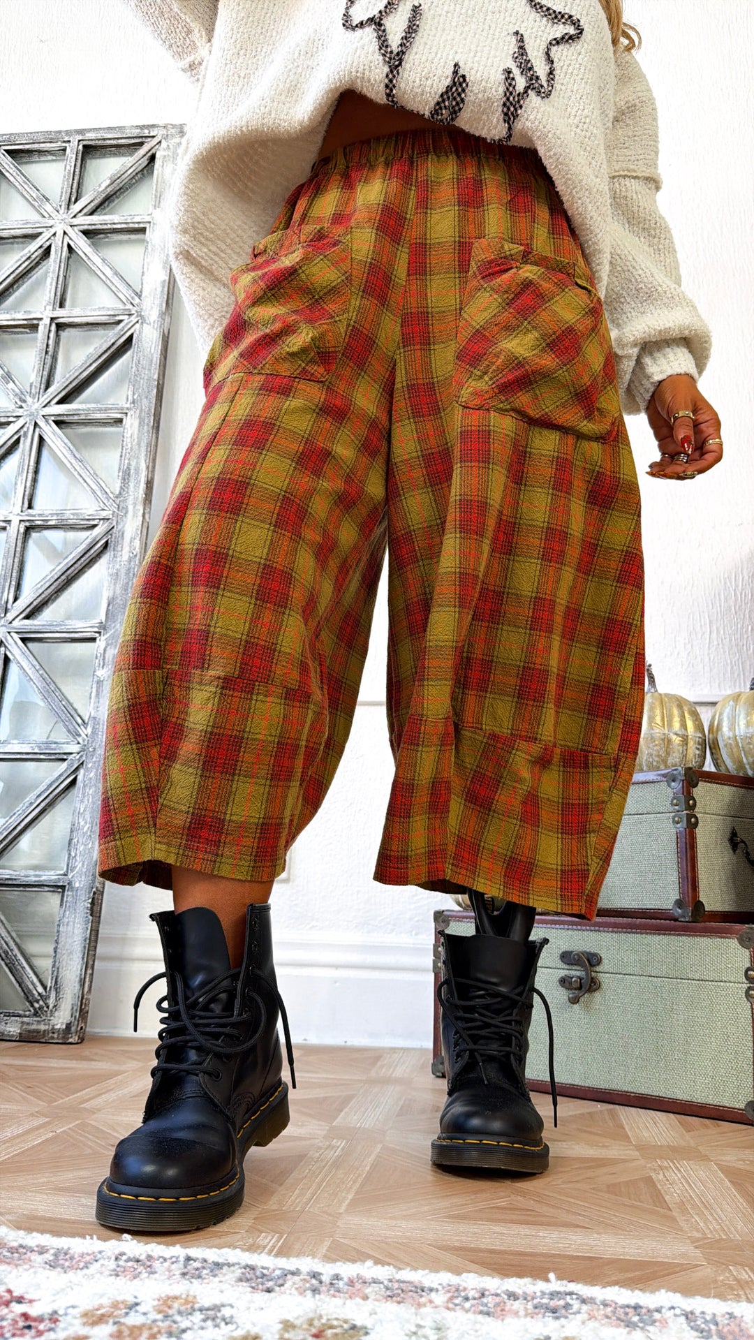 Plaid Print Wide Leg Jogger, Olive/Dijon Checker