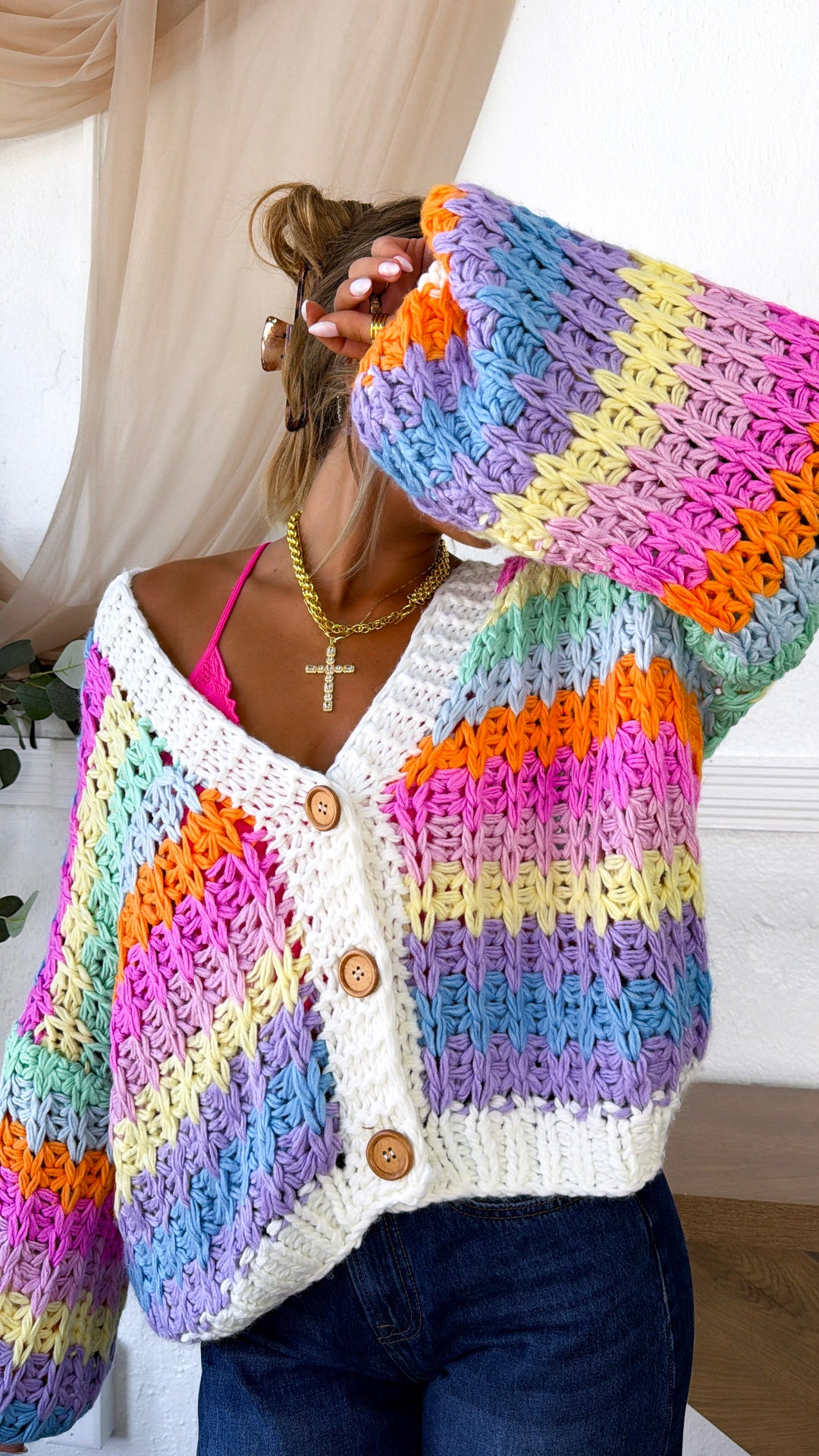 Bright Toned Knit Cardigan, Rainbow