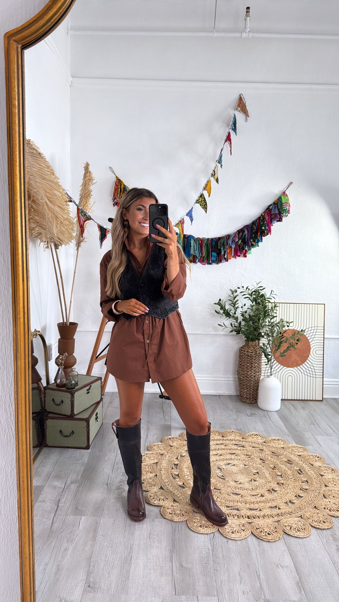 Martini Hour Button Down Romper Dress, Brown