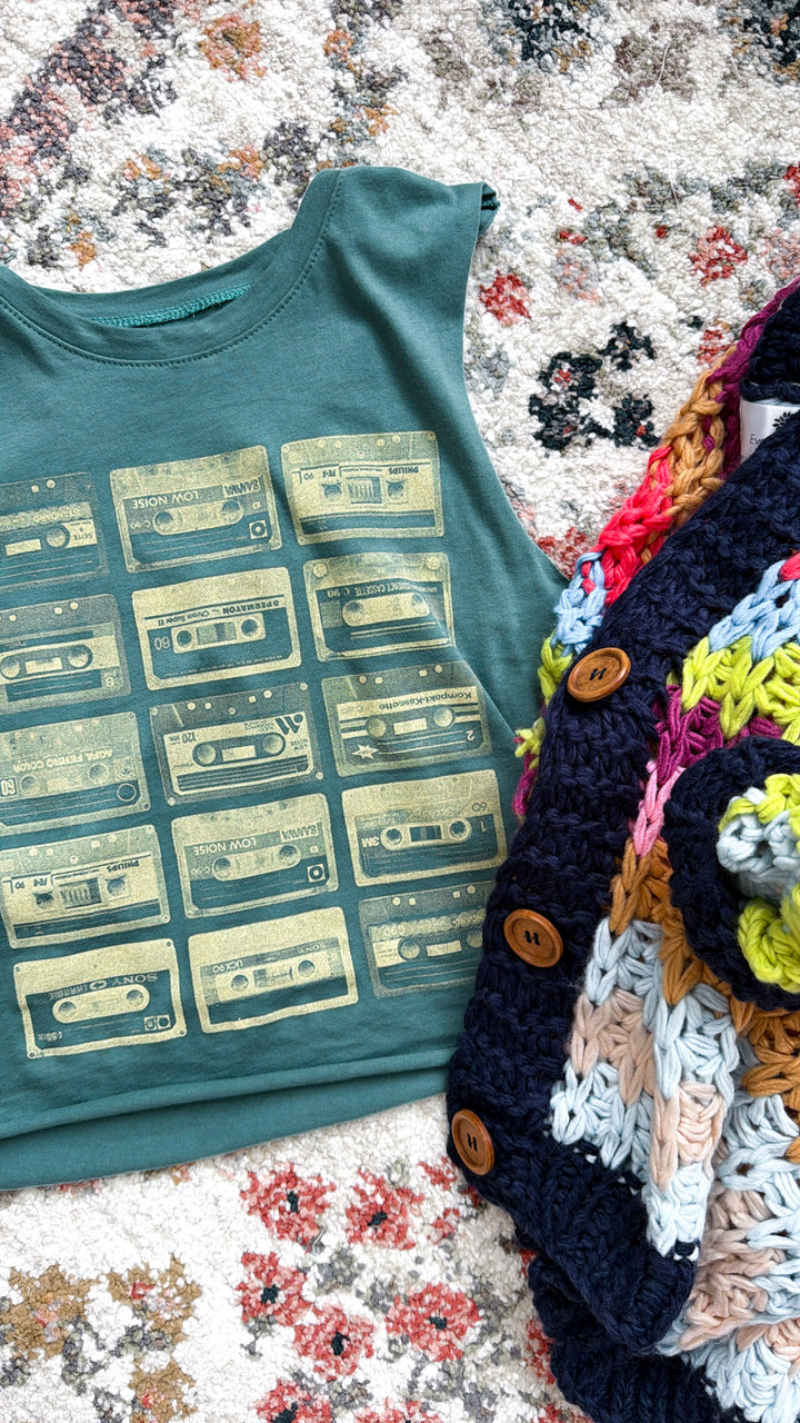 Throwback Cassette Tape Muscle Tee, Vintage Green