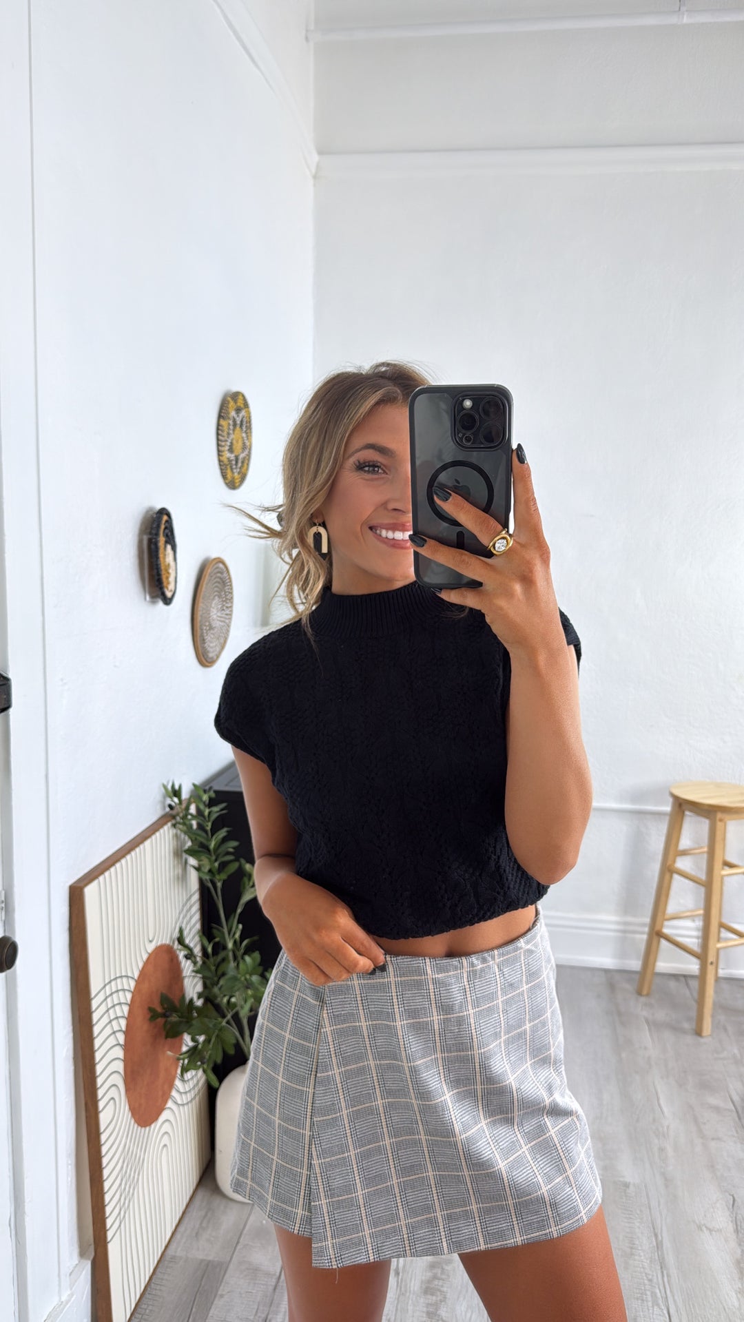 Urban Plaid Wrap Skort, Black/Camel