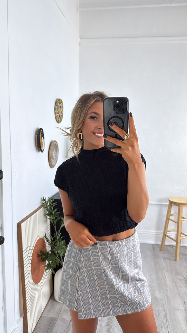 Urban Plaid Wrap Skort, Black/Camel