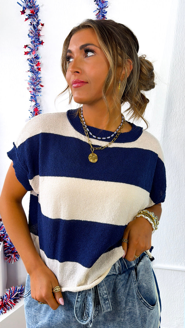 Fresh Serve Open Back Top, Navy/Cream