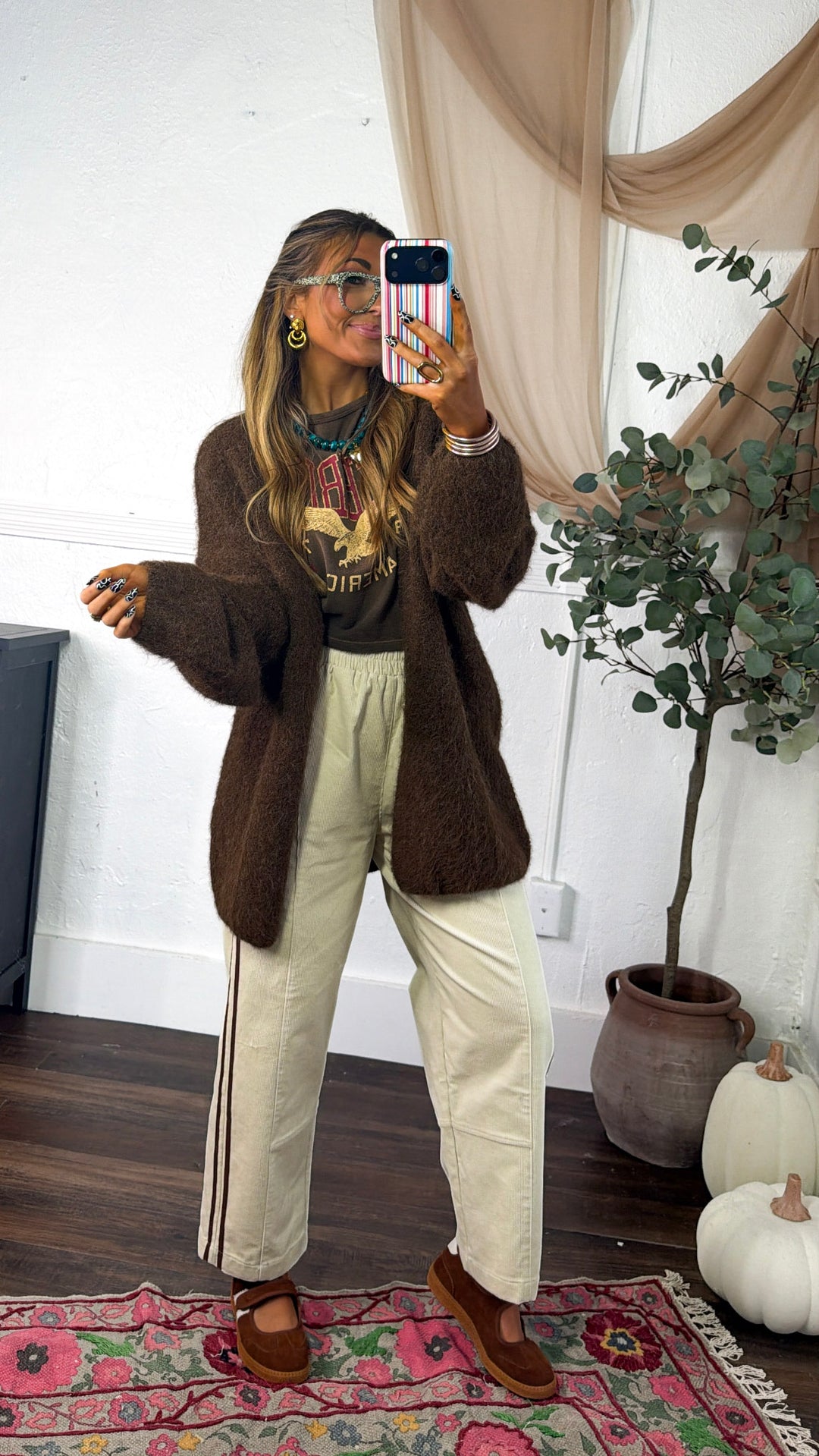 Corduroy Detailed Pants, Cream/Choco