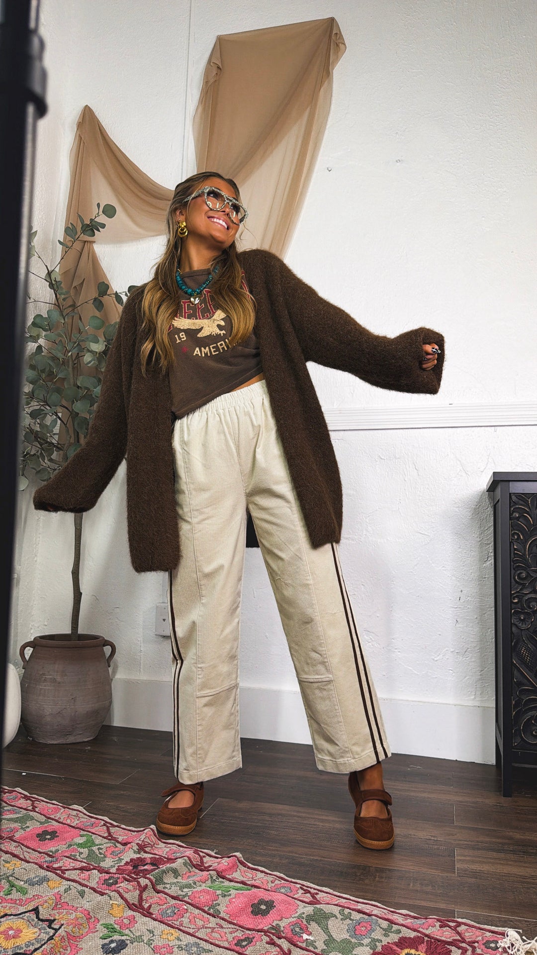 Corduroy Detailed Pants, Cream/Choco