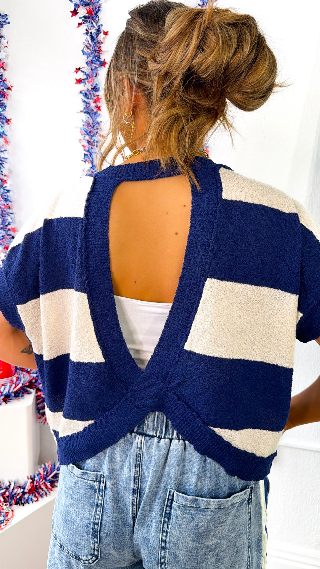 Fresh Serve Open Back Top, Navy/Cream