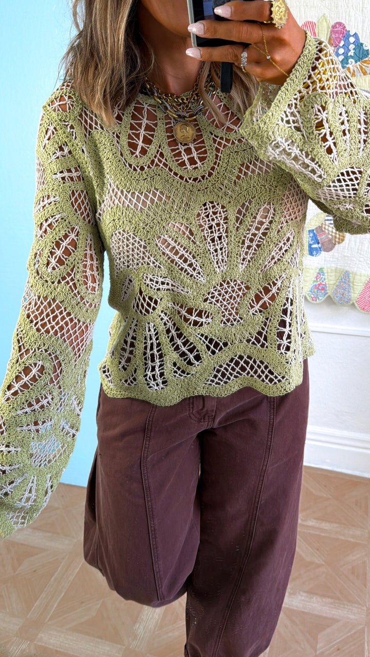 Boho Contrast Crochet Top, Lt. Green