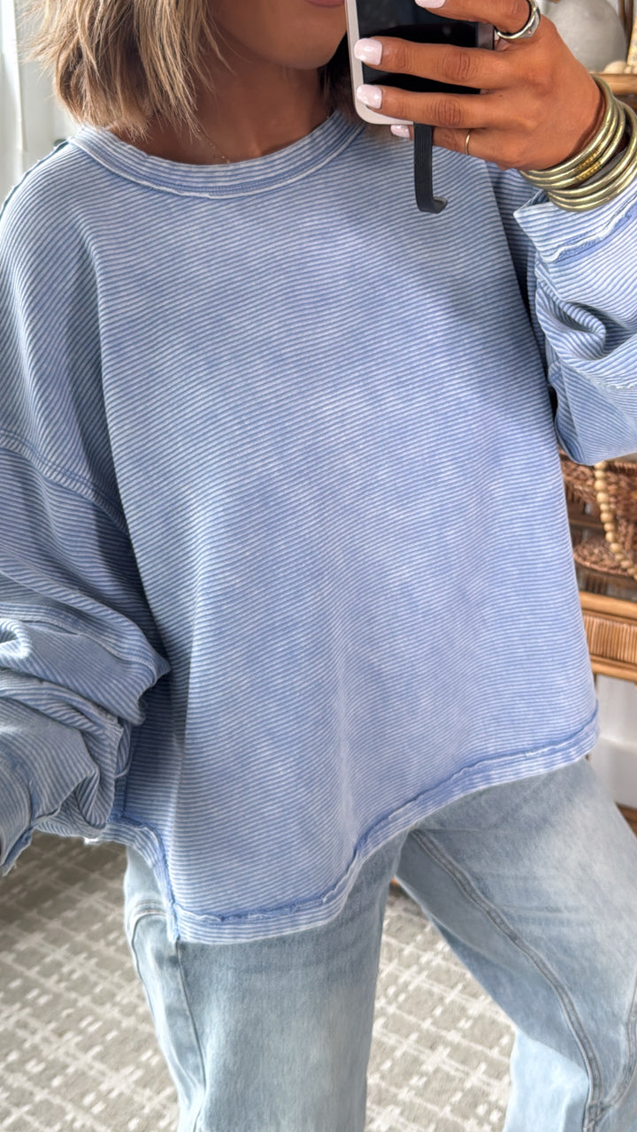 DOORBUSTER: Acid Washed Ribbed Cropped Pullover, Blue
